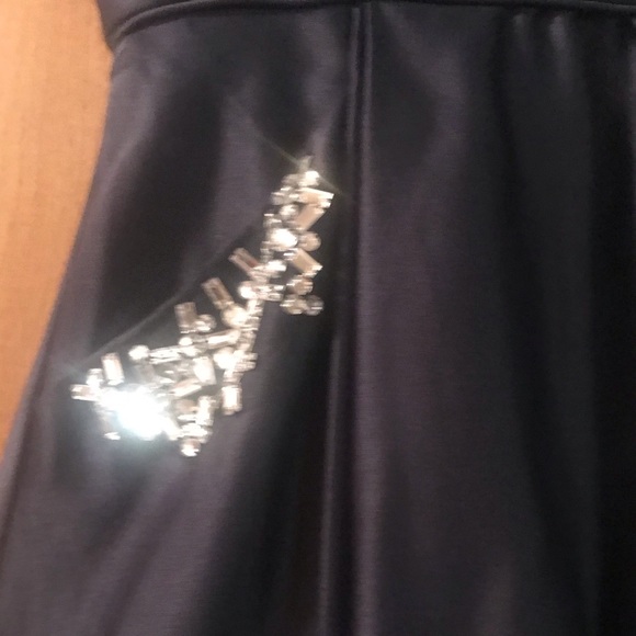 Navy Blue gown with rhinestone trimmed pockets - Picture 3 of 5